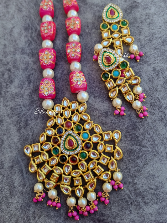 Pink Color Kundan Beads With Stones Long Necklace And Earrings
