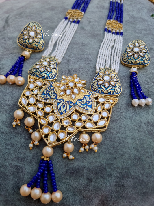 Amazing White and Blue Combination Design Kundan Beads Long Necklace With Earrings