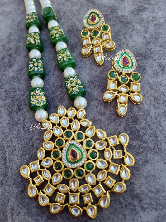 Green Color Long Kundan Necklace With Earrings