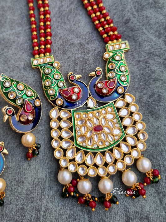 Peacock Necklace And Earrings With Kundan Stones And Pearls On Drop