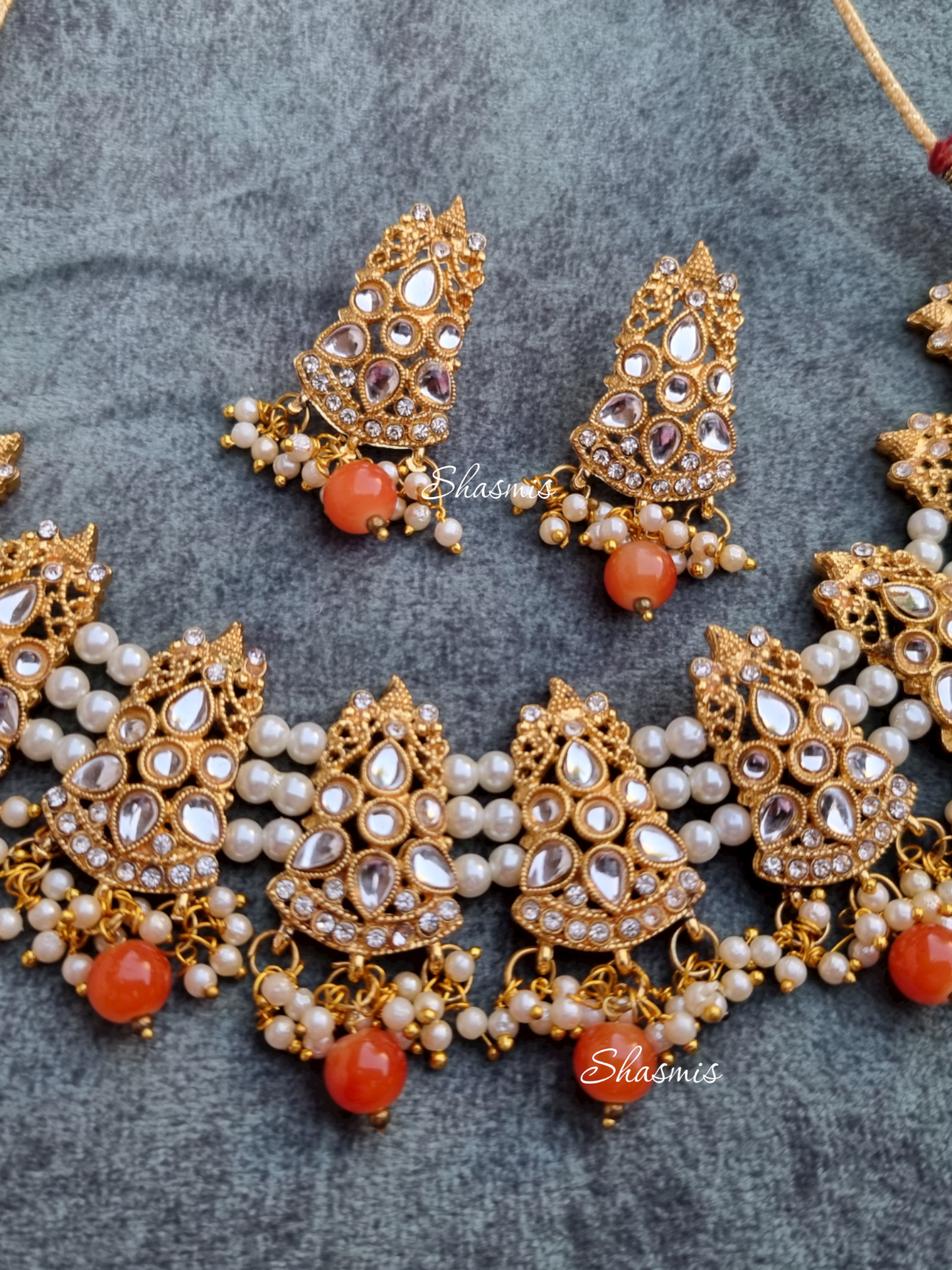 Golden Plating With Orange Pearl on Drop Neck Choker With Earrings