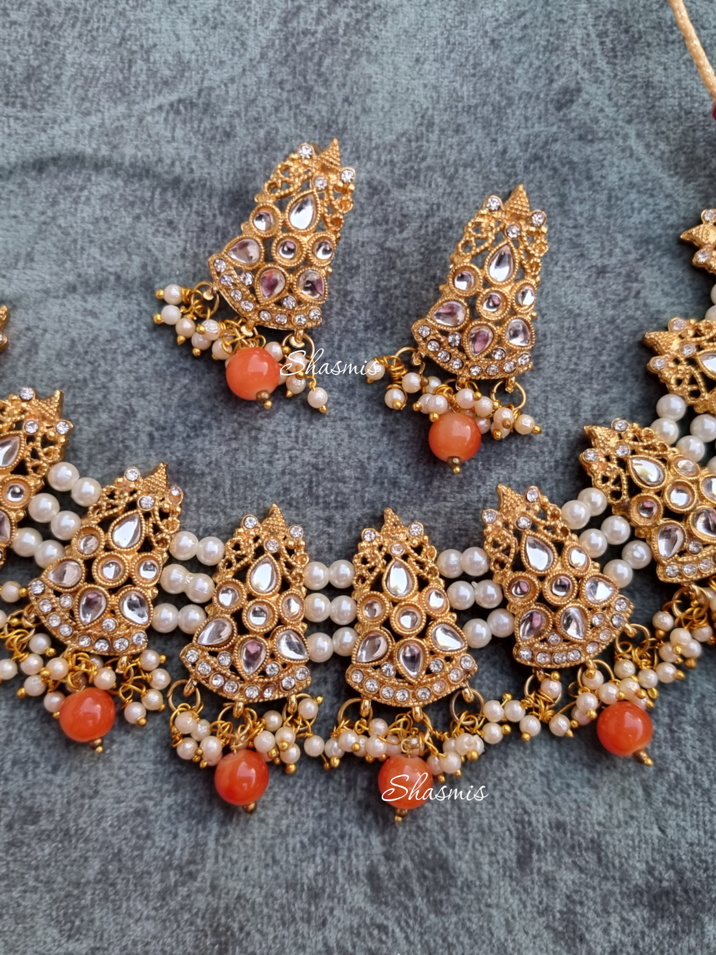 Golden Plating With Orange Pearl on Drop Neck Choker With Earrings