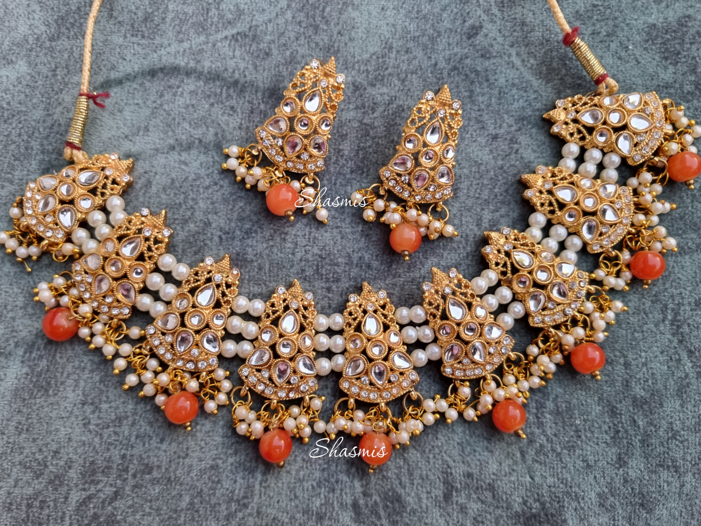 Golden Plating With Orange Pearl on Drop Neck Choker With Earrings