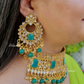 Green Color Stone Bridal Necklace With Mangtika and Earrings