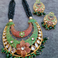 Green Color Necklace And Earrings With Beautiful Red Flower Design and Kundan Beads On drop