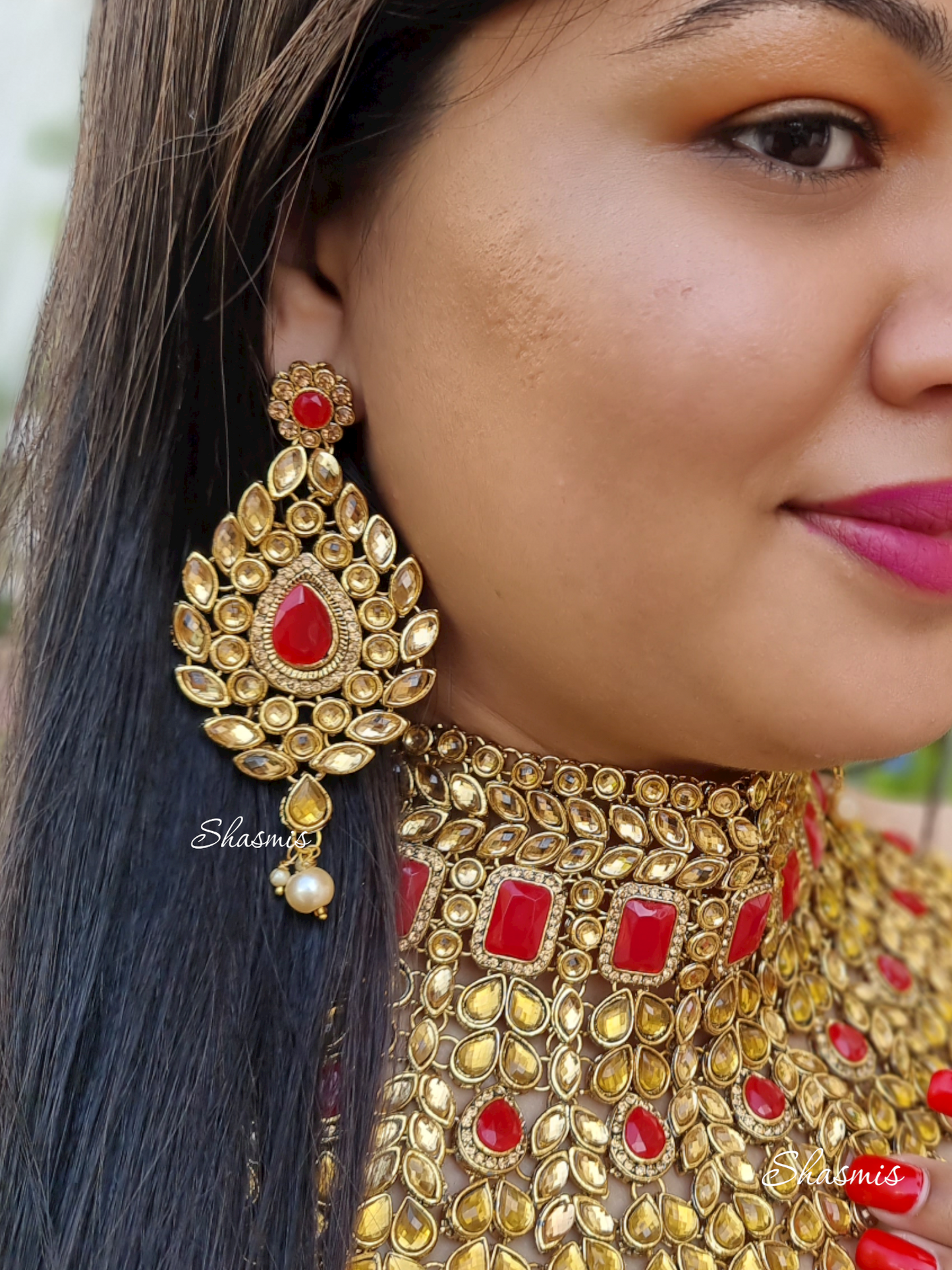 Red Color Rhinestone Heavy Bridal Necklace Set With Mathapatti and Earrings
