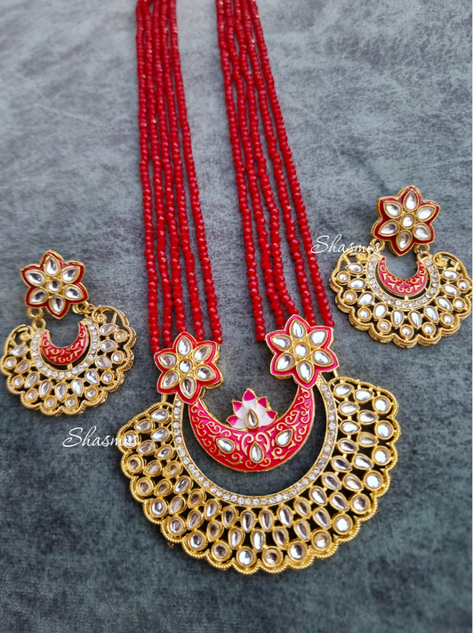 Kundan Design Long Chand Bali Necklace With Earrings