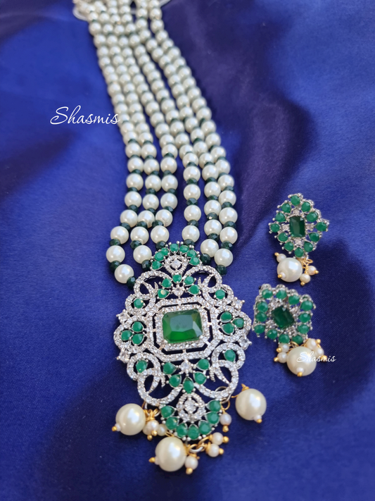 White and Green Long American Diamond Necklace With Earrings