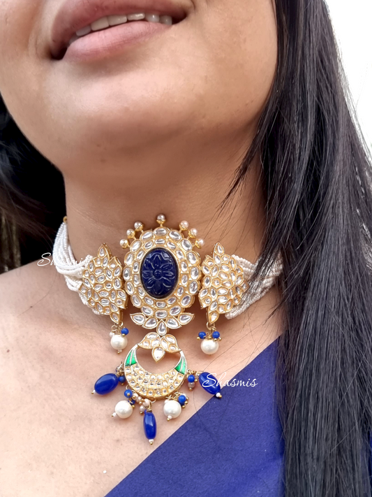 Blue Carved Stone With Chand Bali Pendant Necklace With Earrings