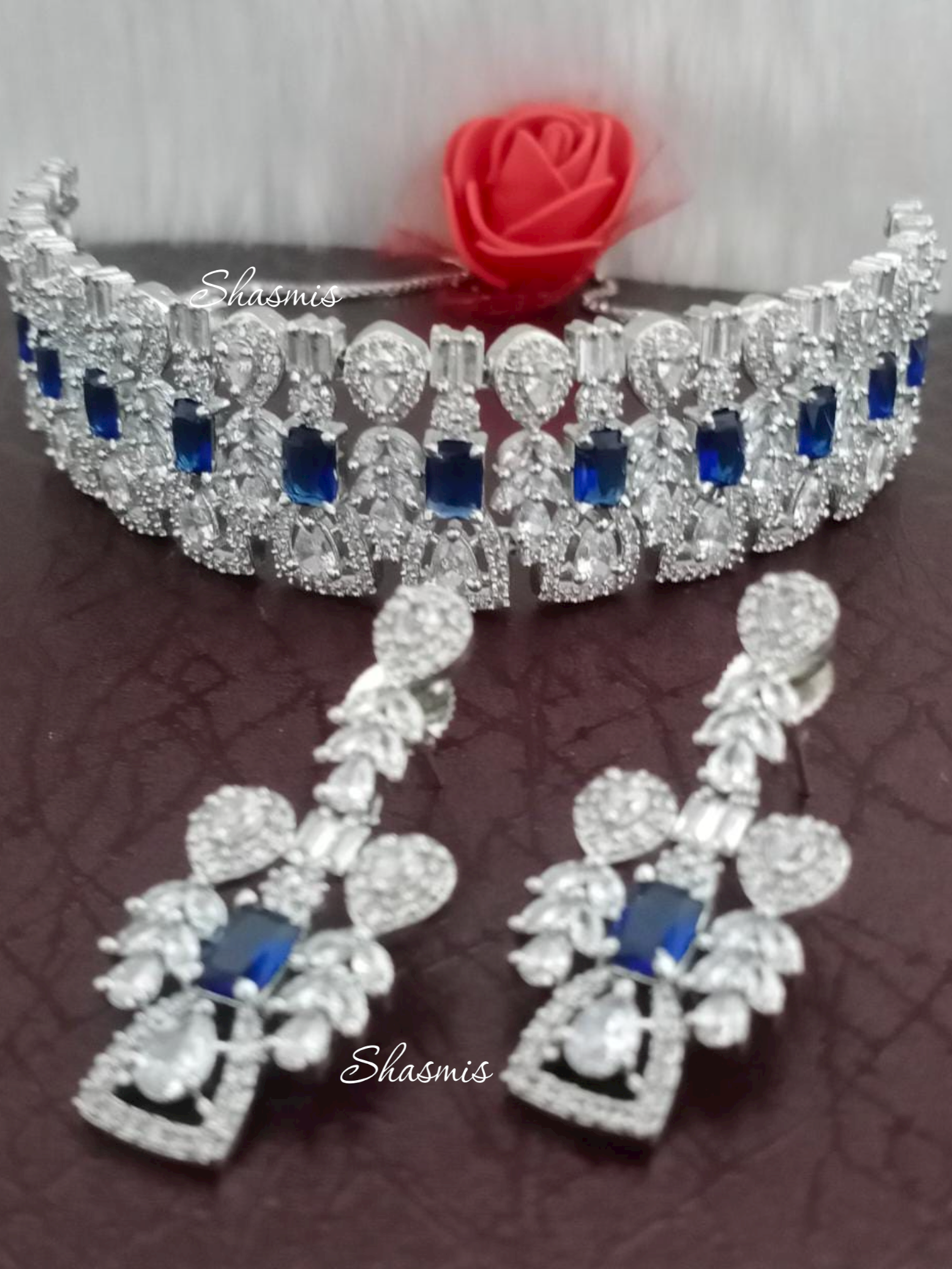 Blue Stone American Diamond Necklace Set