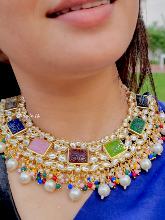 Square Shade Carved Stones With Kundan Beads And Pearls On Drop Necklace With Earrings