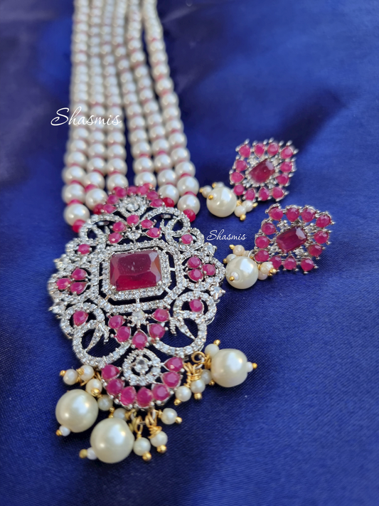 Pink Color American Diamond Long Necklace With White Beads