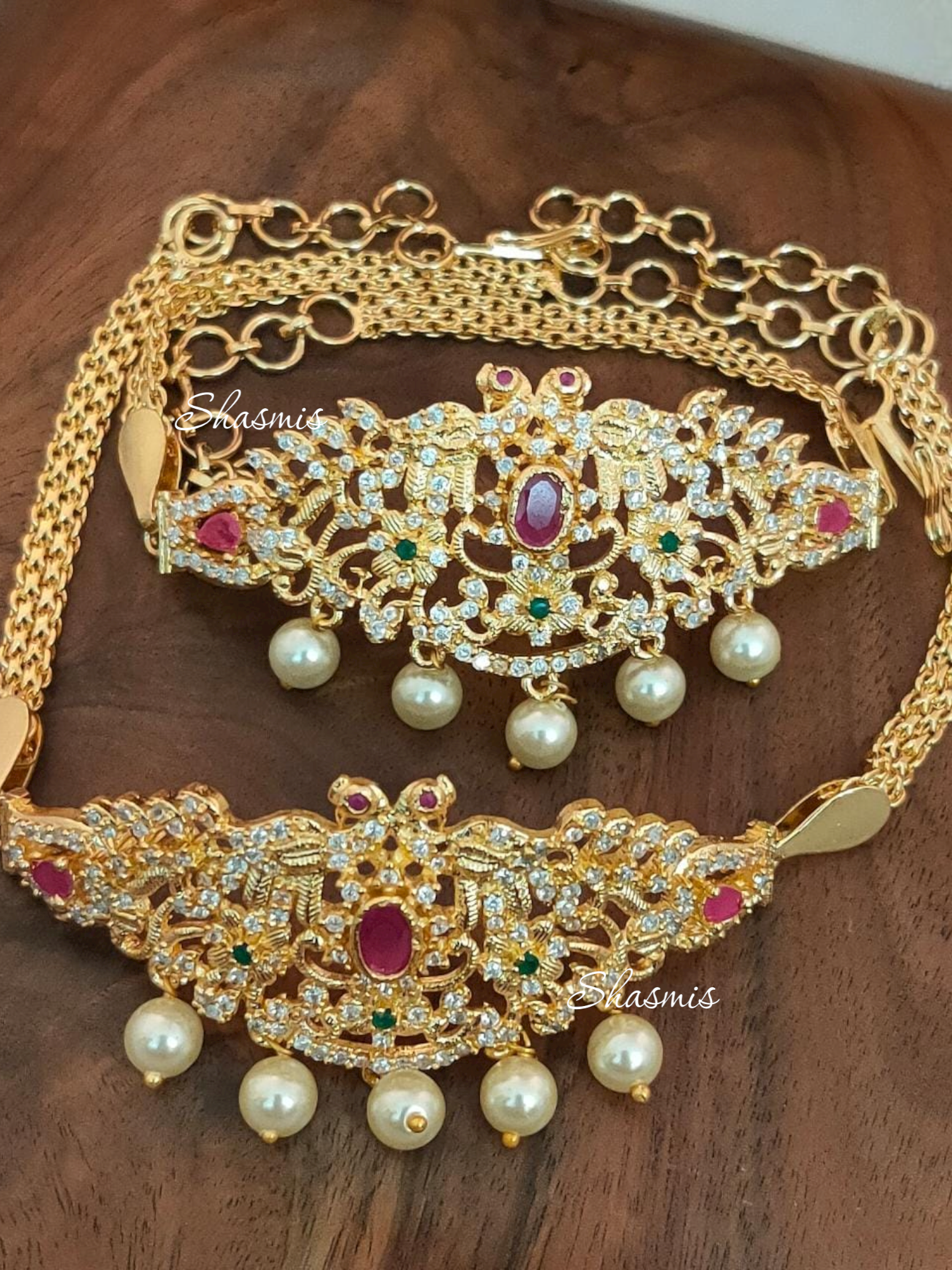 Gold Plated Diamond Bajuband With Pearls On Drop