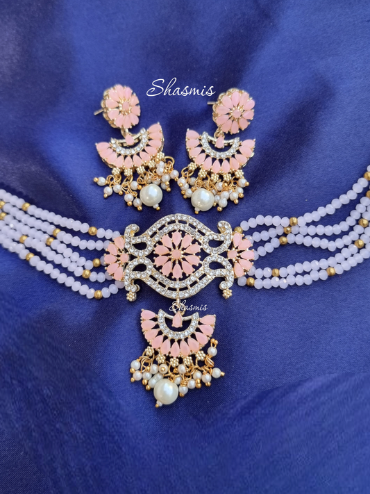 Baby Pink Color American Diamond Necklace With Earrings