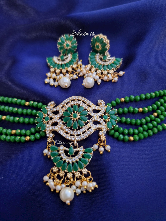 Green Color Stone American Diamond Necklace With Earrings