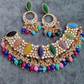Amazing Oval Shape Multi Color Carved Stones With Kundan Beads And Stone Necklace With Earrings