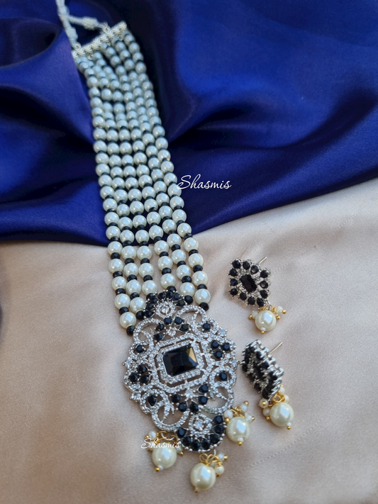 White and Black American Diamond Long Necklace With Earrings