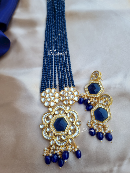 Blue Centre Stone Long Necklace With Earrings