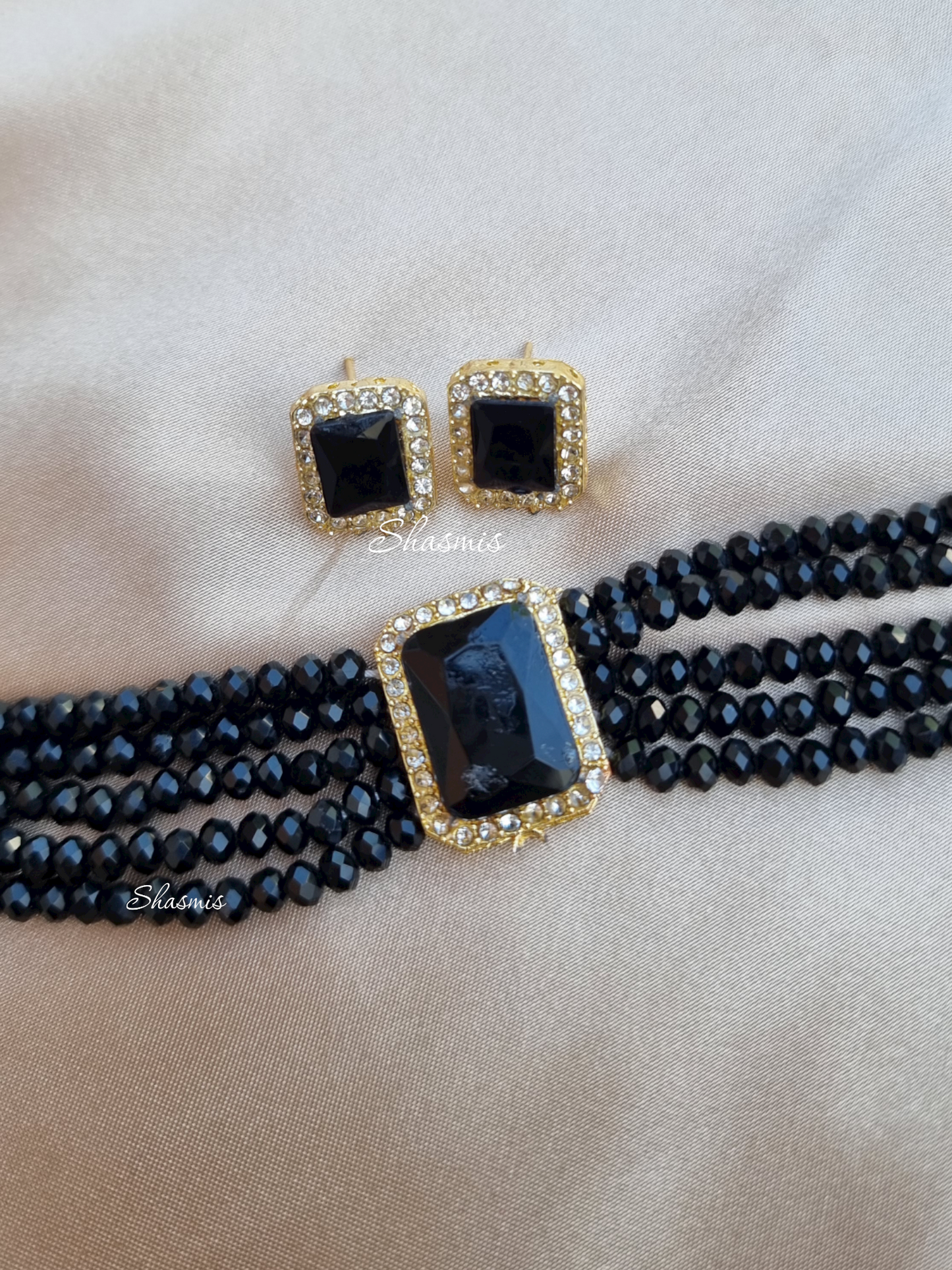 Black Centre Stone American Diamond Necklace With Earrings