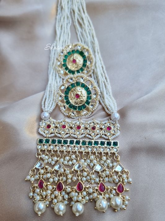 Long Kundan White Beads Necklace with Earrings