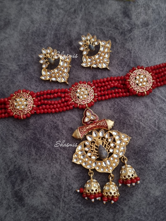 Peacock Design Kundan Stone Necklace And Earrings With Drop Beads