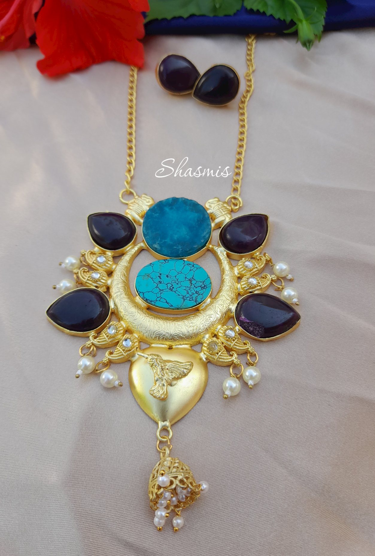 Gold Plated Druzy Necklace With Long Chain and Earrings