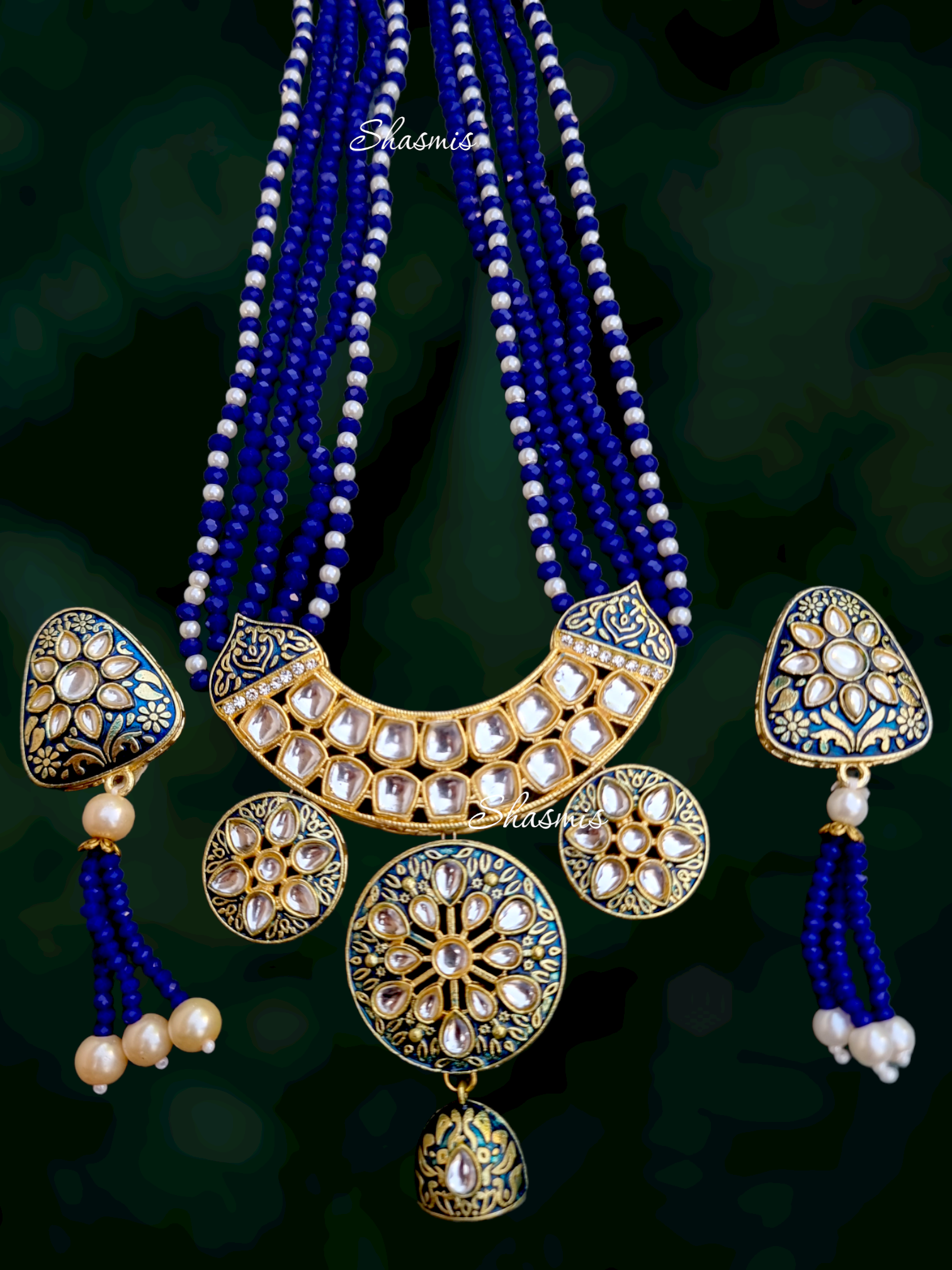 Blue Color Design Kundan Necklace With Earrings