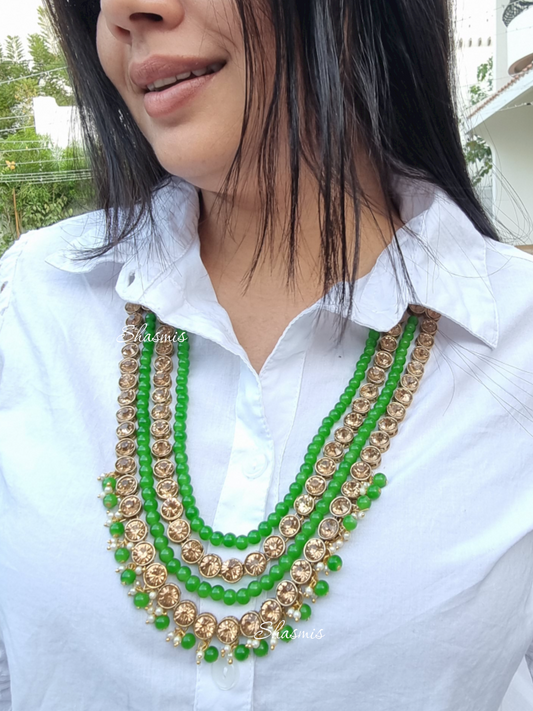 Green Color Beads with Golden Stones Necklace