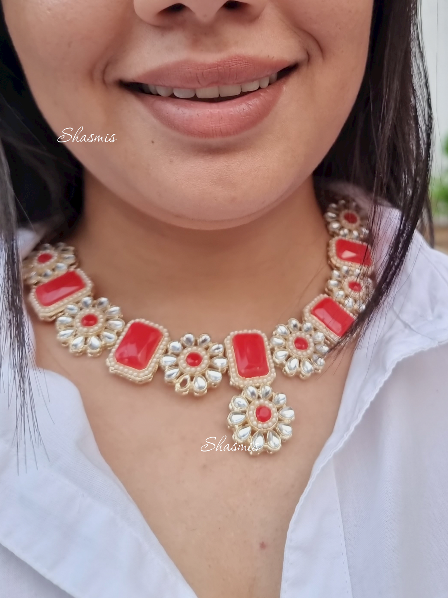 Red Color Stone Necklace With Earrings and Mangtika