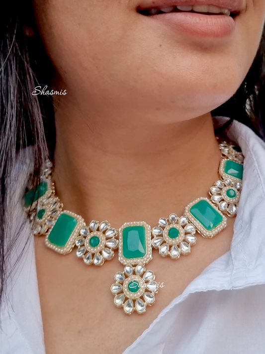 Stone Necklace, Earring And Mangtika With Amazing Flower Design