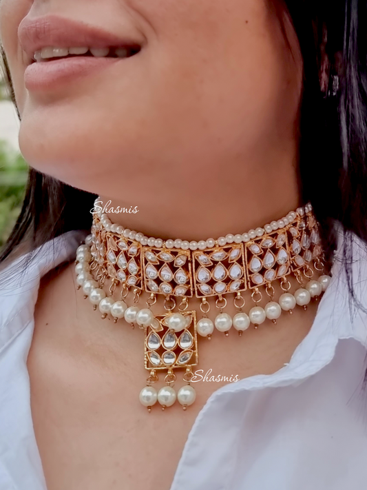 White Pearls With White Stone Neck Choker And Earrings