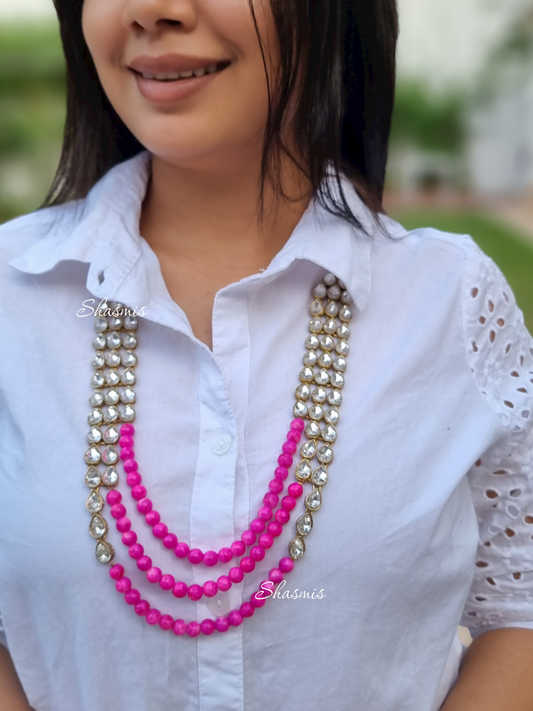 Pink Beads With White Stones Long Layered Necklace Combo