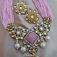 Pink Color Carved Stone Necklace And Earrings With White Beads