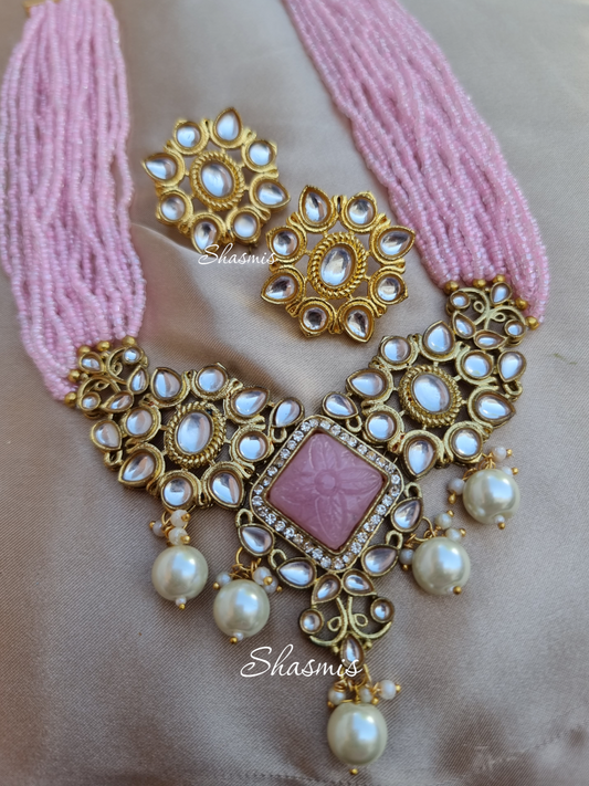 Pink Color Carved Stone Necklace And Earrings With White Beads