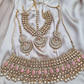 Pink Color Broad Bridal Necklace With Mathapatti and Earrings
