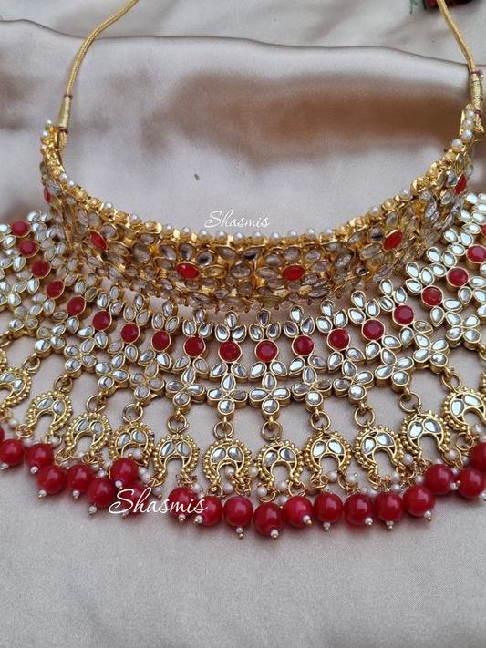 Red Color Kundan Bridal Jewellery With Earrings and Mangtika