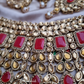 Red Color Rhinestone Heavy Bridal Necklace Set With Mathapatti and Earrings