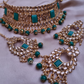 Green Color Stone Bridal Necklace With Mangtika and Earrings