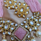 Pink Color Carved Stone Necklace And Earrings With White Beads