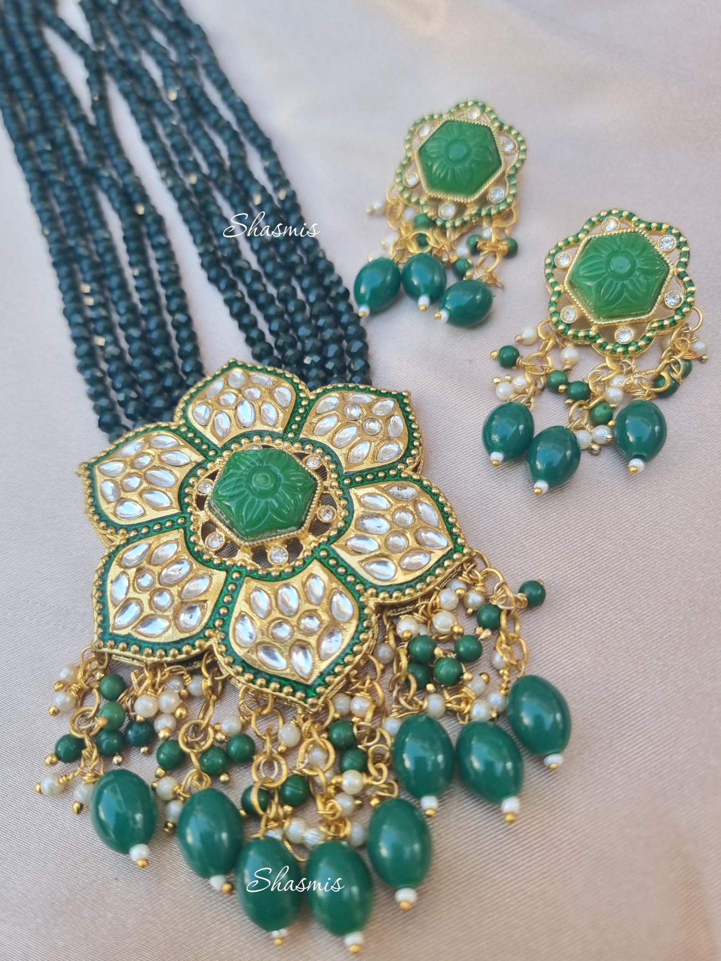 Centre Stone Kundan Long Necklace With Pearls On Drop and Earrings