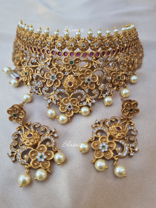 Gold Plated Temple Choker Jewellery With Earrings