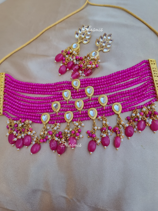 Pink Color Beaded Layer Necklace Choker 