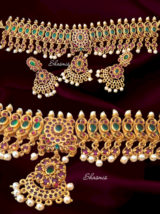 Statement Choker Temple Jewellery With Pendant  and Earrings