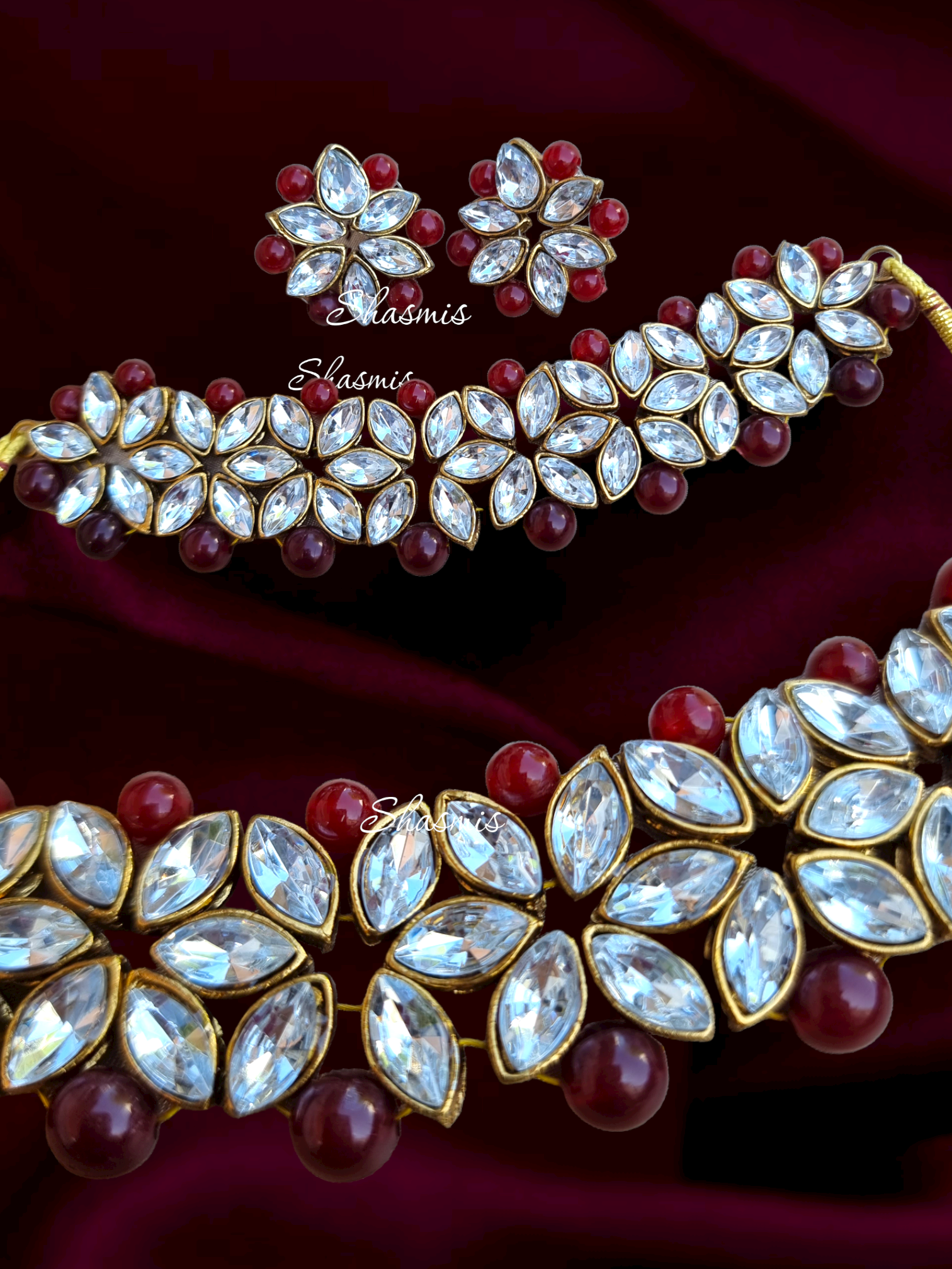 Maroon Color Glass Kundan Necklace