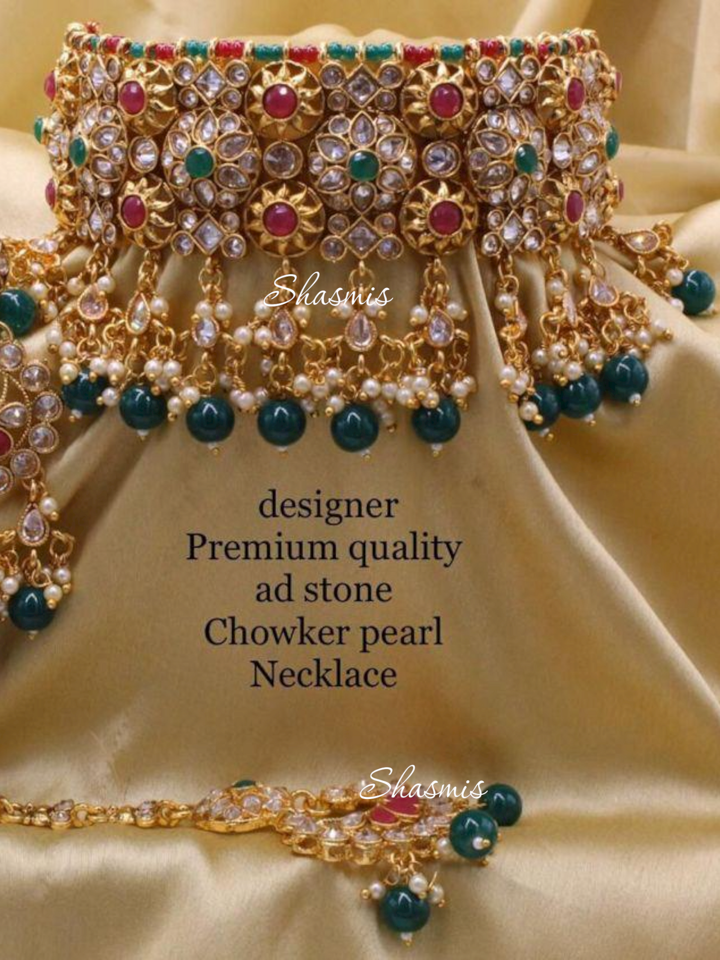 Ruby and Green Stone Gold Plated Kundan Neck ChoKER With Earrings and Mangtika 