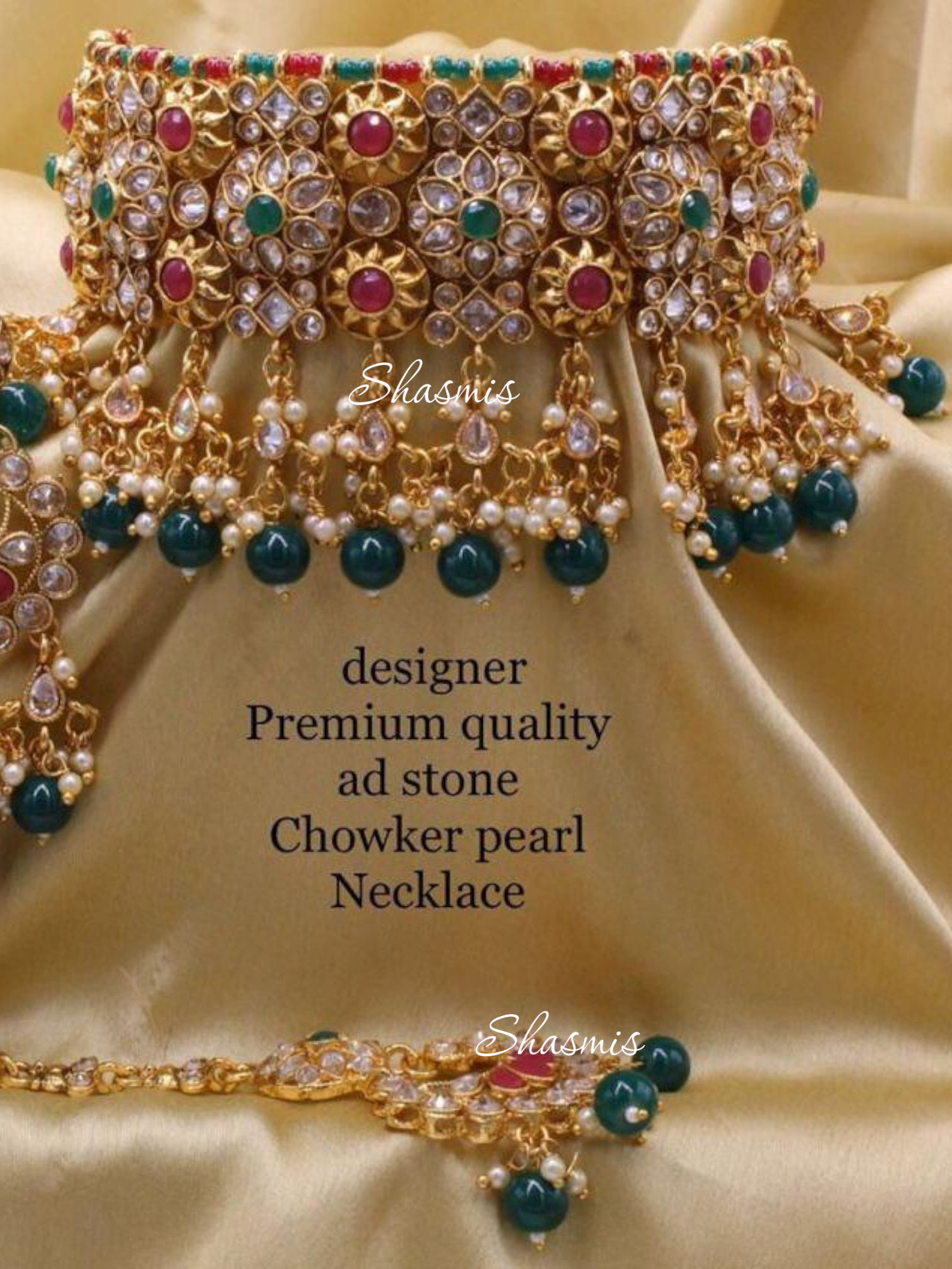 Ruby and Green Stone Gold Plated Kundan Neck ChoKER With Earrings and Mangtika 