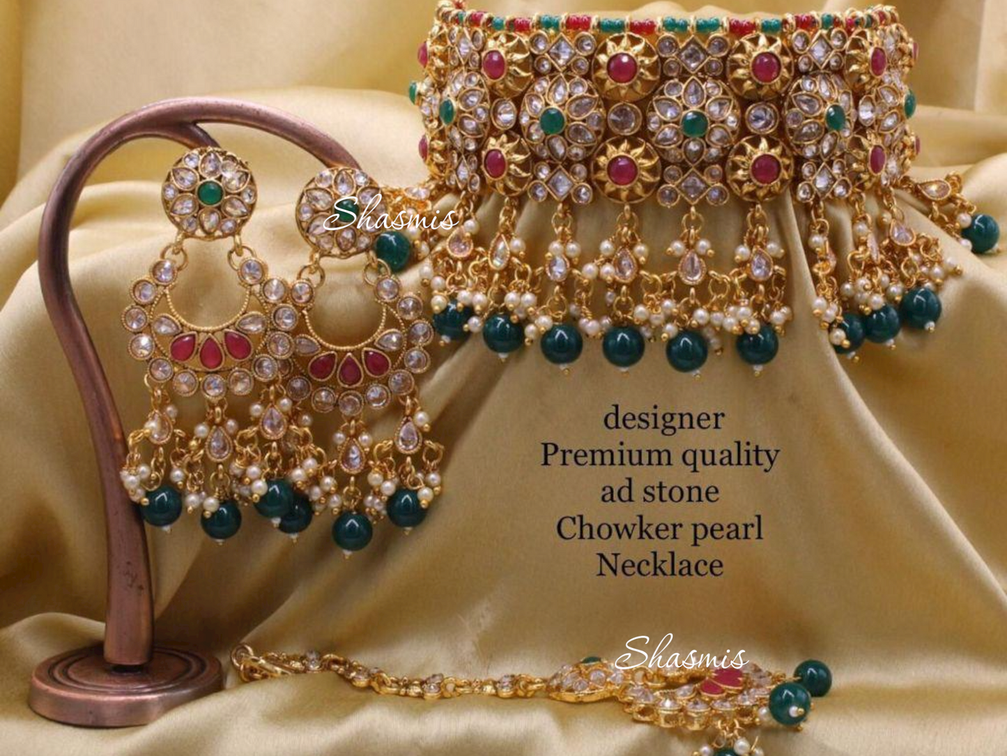 Ruby and Green Stone Gold Plated Kundan Neck Choker With Earrings and Mangtika