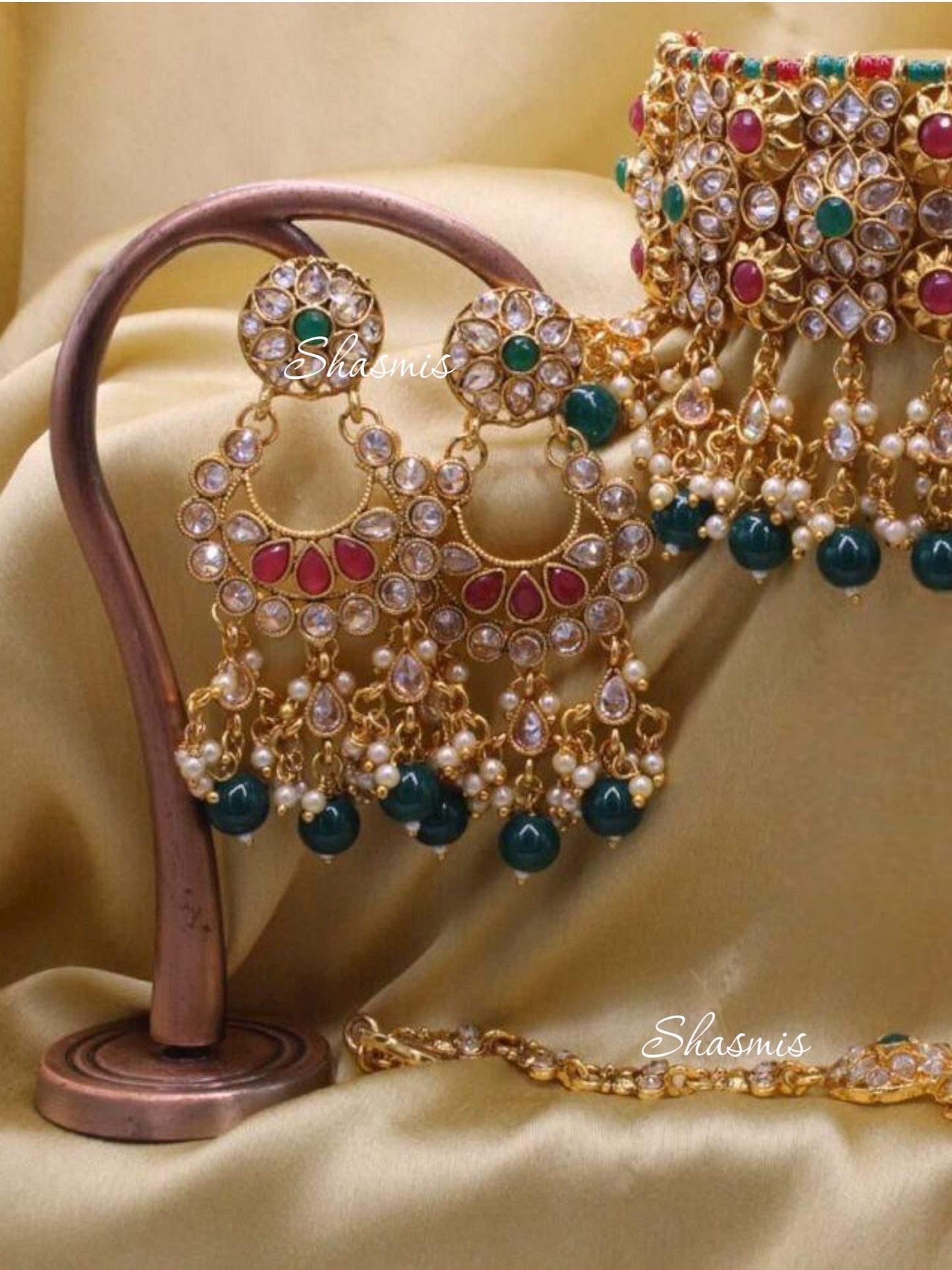 Ruby and Green Stone Gold Plated Kundan Neck Choker With Earrings and Mangtika