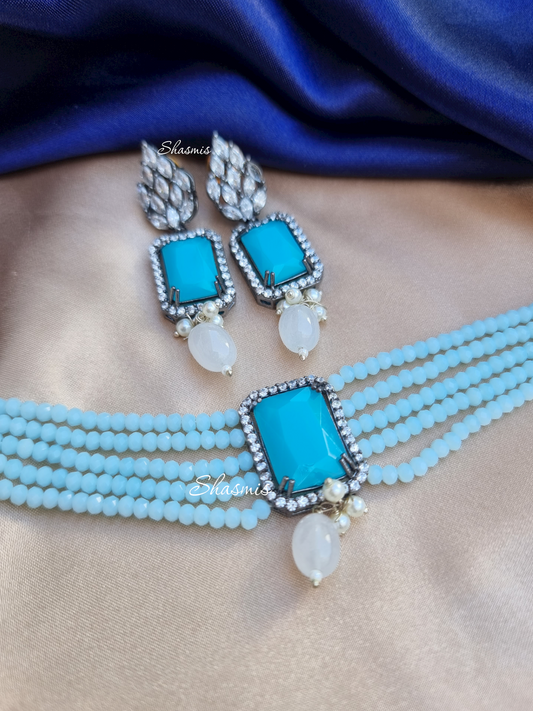 Light Blue Color Centre Stone Necklace With Earrings