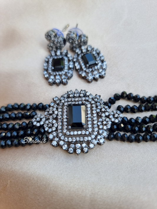 Black Beads With American Diamond Necklace